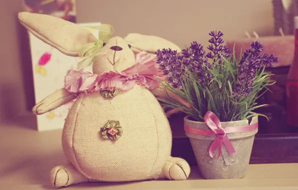 Flowers, toy, hare, pot, bow