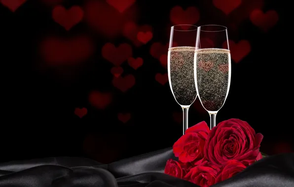 Flowers, roses, glasses, hearts, red, black background, champagne