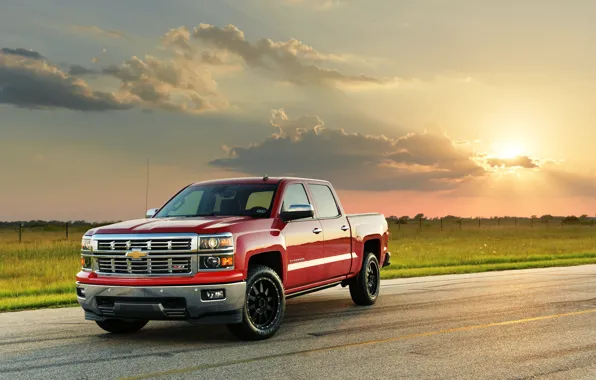 Road, field, car, machine, the sky, clouds, sunset, Chevrolet