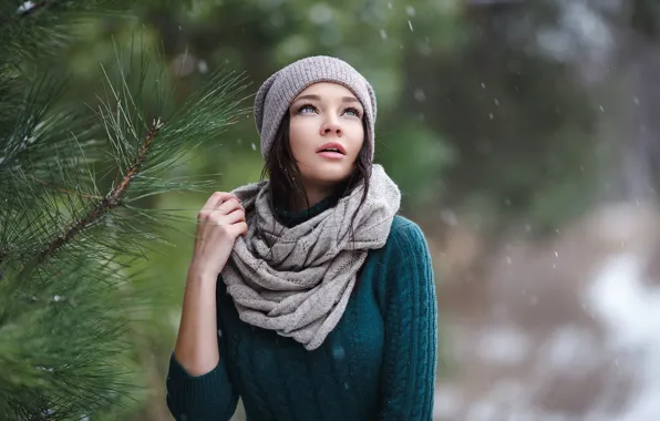 Picture look, girl, tree, tree, cap, the first snow, Denis Petrov, Angelina Petrova