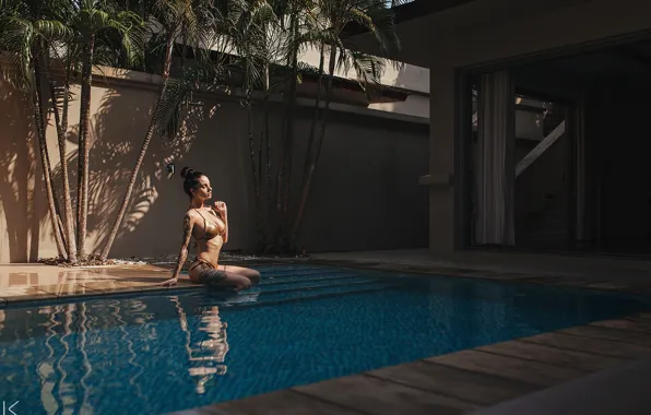 Chest, water, Girl, pool, tattoo, bikini, Alla Berger, Sergey Freyer