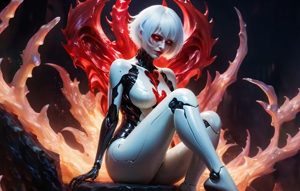 Girl, cyborg, red eyes