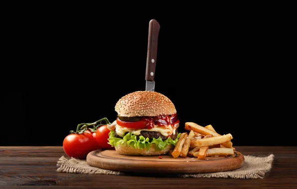 Wallpaper knife, vegetables, tomatoes, hamburger, Patty, buns, French fries