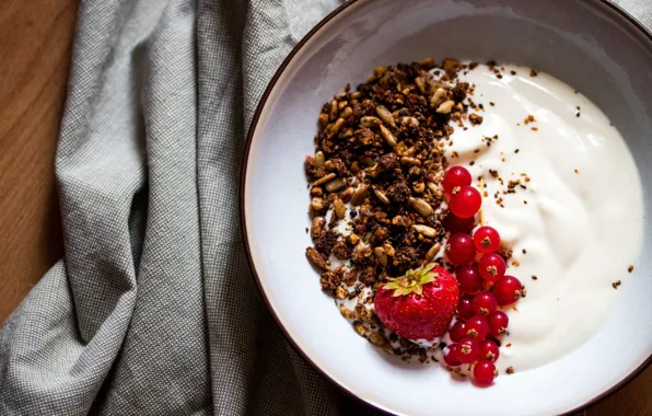 Berries, food, bowl, Breakfast, cream, strawberry, plate, fabric