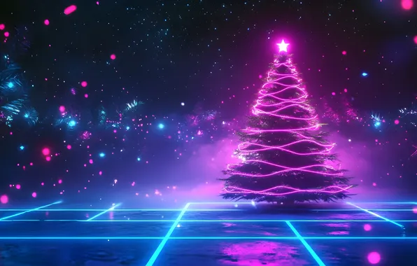Neon, Christmas, New year, neon light, purple background, Christmas tree, AI art, neural network