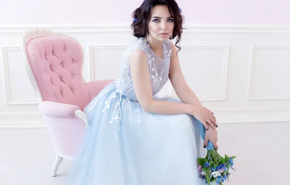 Decoration, flowers, pose, bouquet, makeup, dress, brunette, hairstyle