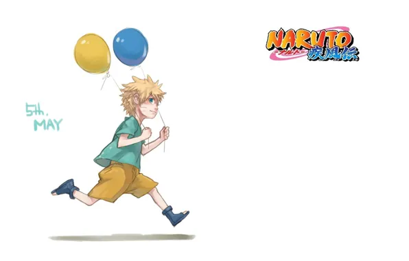 Balloons, shorts, boy, white background, Naruto, runs, Naruto Uzumaki