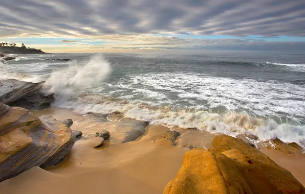 Picture sea, wave, the sky, clouds, storm, rocks