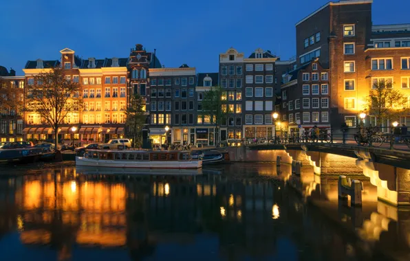 Trees, night, bridge, lights, river, home, Amsterdam, lights