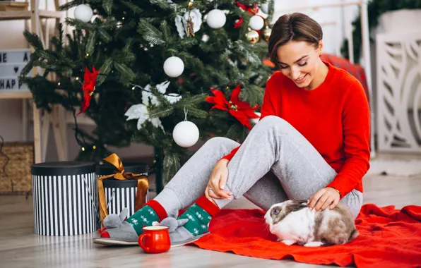 Girl, rabbit, Christmas, New year, the year of the rabbit, 2023
