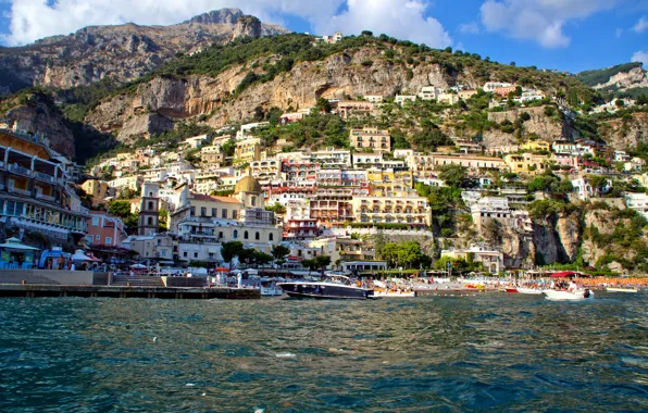 Picture sea, mountain, home, Bay, yacht, slope, Italy, Positano