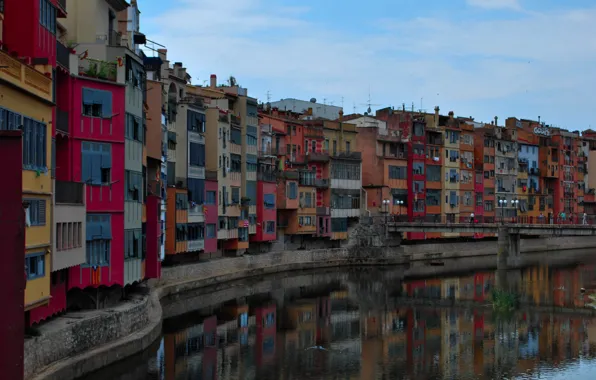 Picture bridge, river, building, Spain, river, bridge, Spain, Girona