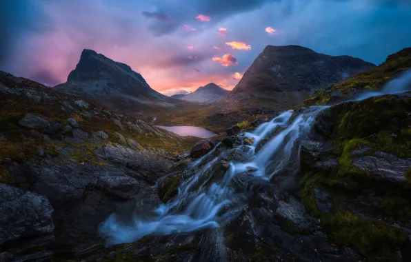 Mountains, lake, waterfall, Norway, cascade, Norway, Romsdalen