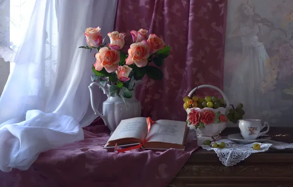 Wallpaper roses, book, grapes, bouquet, Cup