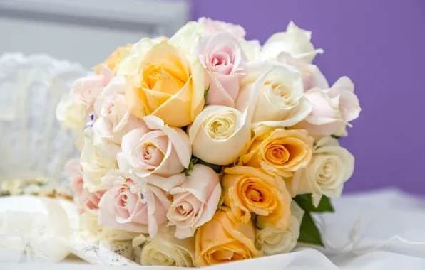 Roses, bouquet, pink, white, orange