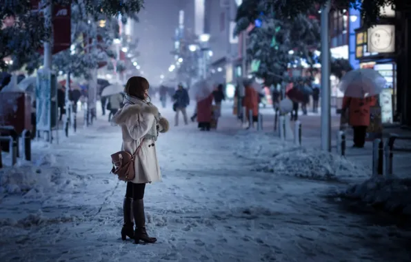 Picture girl, snow, the city, street, Tokyo, Snowy day