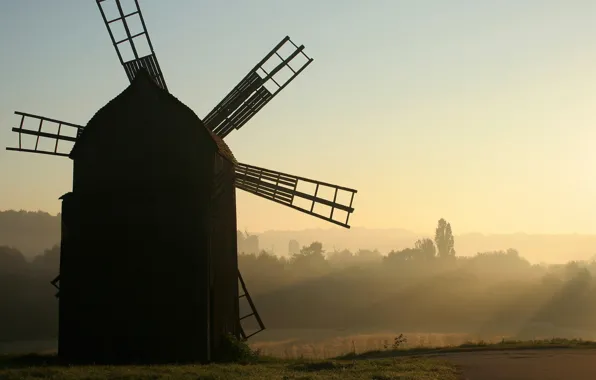 Picture fog, hills, morning, windmill