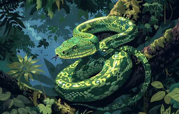 Snake, Leaves, Jungle, Art, Reptile, Animal, Digital art, AI art