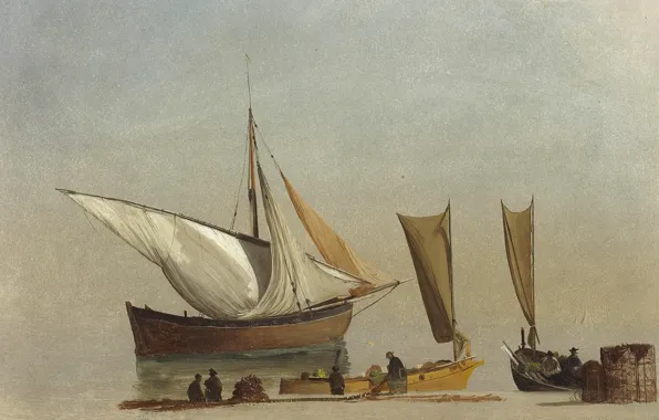 Shore, picture, sail, seascape, Albert Bierstadt, Fishing Boats