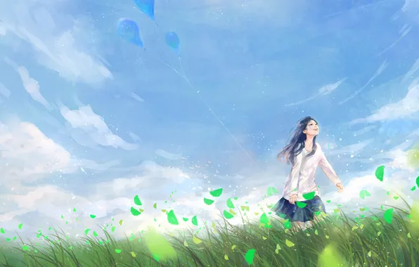 Picture field, leaves, balloons, Girl