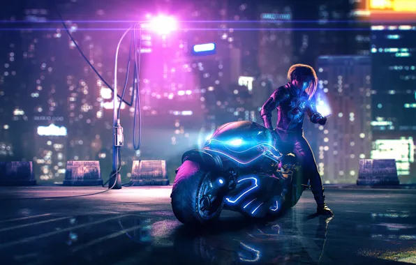 Night, Neon, Style, Motorcycle, Fantasy, Art, Art, Style