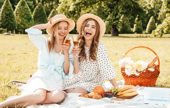 Summer, light, girls, stay, glade, fruit, picnic, basket