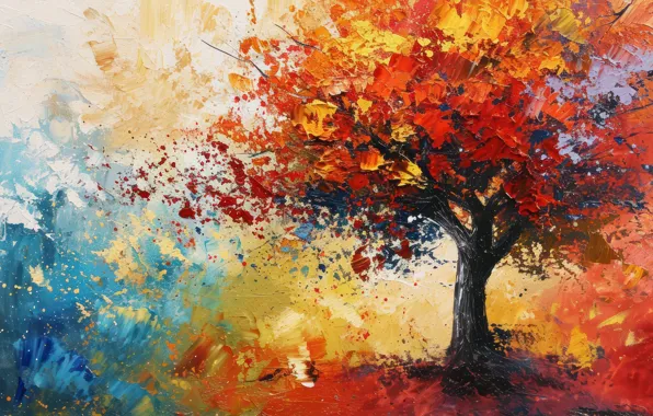 Autumn, leaves, branches, nature, tree, paint, foliage, picture