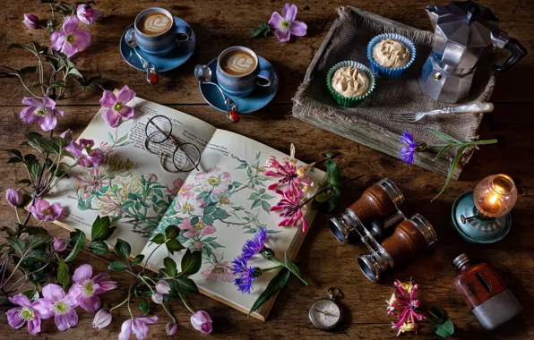 Flowers, style, glasses, binoculars, book, still life, cappuccino, anemones