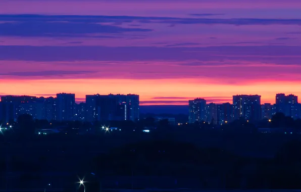 The sky, clouds, the city, building, home, the evening, lights, Russia