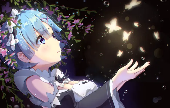 Picture drops, night, girl, flowers, blue hair, moths, Life from scratch in an alternate world, Rem …
