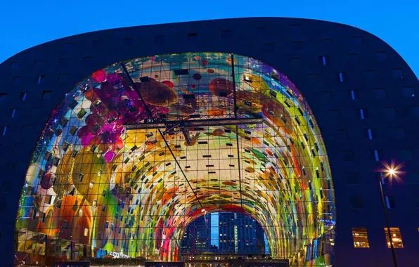 Night, lights, Netherlands, Rotterdam, Markthal, indoor market