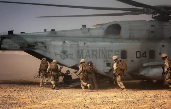 Picture desert, soldiers, helicopter, military, Sikorsky, transport, heavy, Marines
