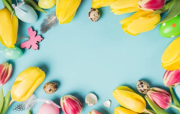 Flowers, eggs, bouquet, yellow, colorful, Easter, tulips, happy