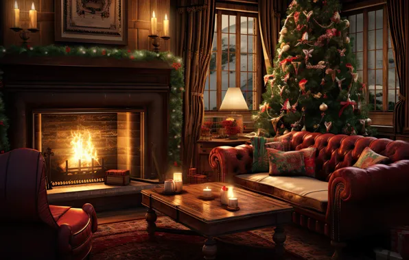 Decoration, room, sofa, balls, tree, interior, New Year, Christmas