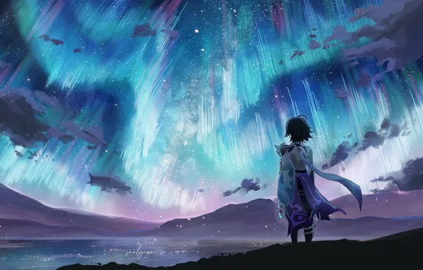 Picture the sky, water, night, Northern lights, guy, Xiao, Genshin Impact