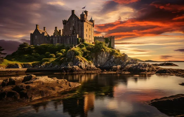 The sky, sunset, castle, rocks, landscape, view, castle, reflection