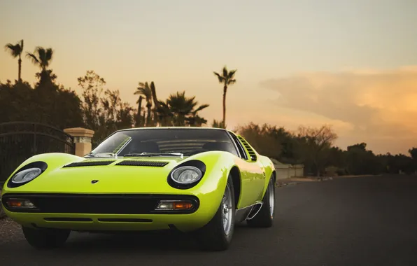 The evening, Auto, Lamborghini, Retro, Green, Machine, Eyelashes, Lights