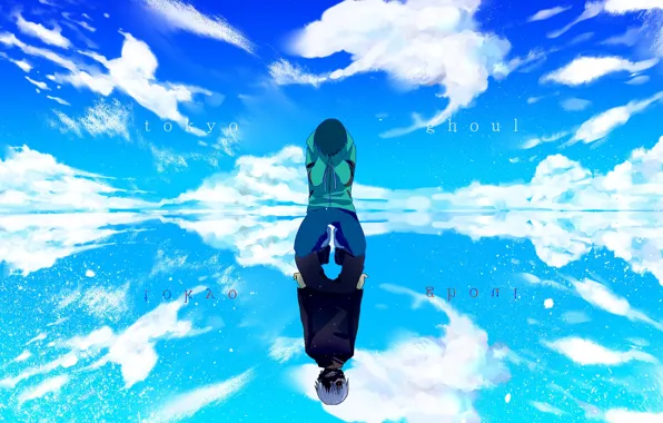 Picture the sky, water, clouds, reflection, anime, art, guy, tokyo ghoul