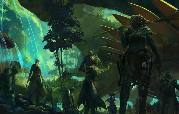 Forest, water, mushrooms, plants, art, staff, pitcher, Guild Wars 2