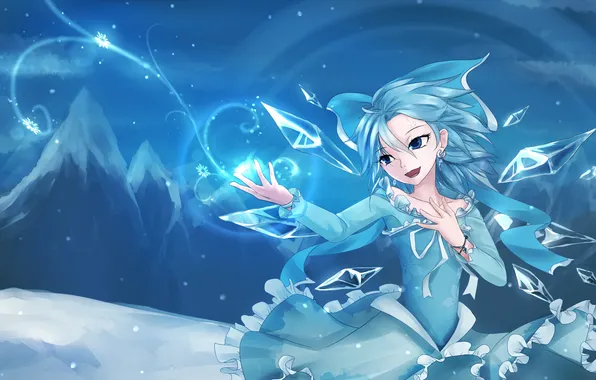Cold, girl, snowflakes, wings, art, crystals, touhou, frozen
