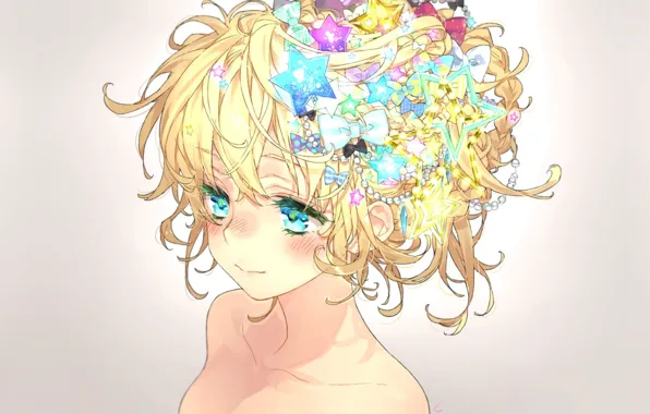 Picture face, hairstyle, girl, blue eyes, grey background, shoulders, bow, stars