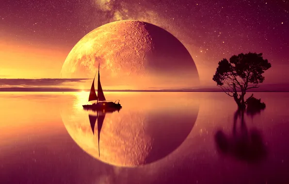 Sunset, reflection, rendering, fiction, tree, the moon, ship, planet