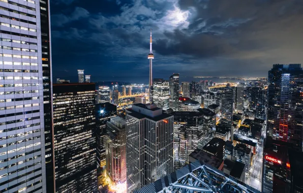 Light, night, the city, lights, the moon, Canada, Toronto