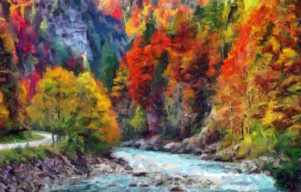 Road, autumn, forest, landscape, mountains, river, picture, canvas