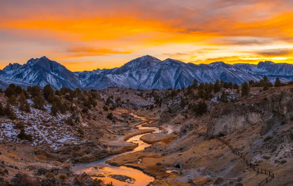The sky, sunset, mountains, river, California, Inyo National Forest, Mammoth Lakes