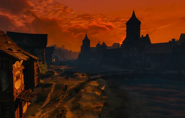 The sun, sunset, the city, Sword, Warrior, Armor, The Witcher, The Witcher