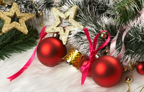 Decoration, balls, star, tree, new year, tape, tinsel, bow