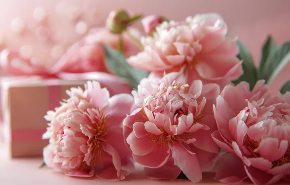 Holiday, box, gift, bouquet, spring, pink, March 8, peonies