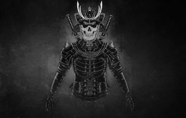 Picture the dark background, warrior, samurai, skeleton, helmet, swords