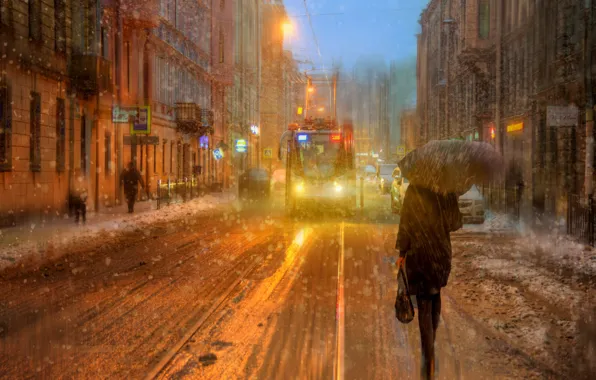 Girl, snow, umbrella, Saint Petersburg